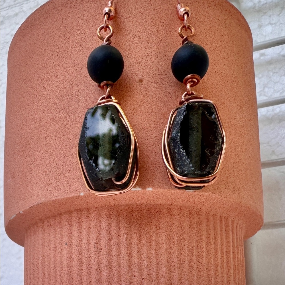 Beautiful Hand-Made Black Ghana Glass Dangle Earrings with Copper Wire accents.